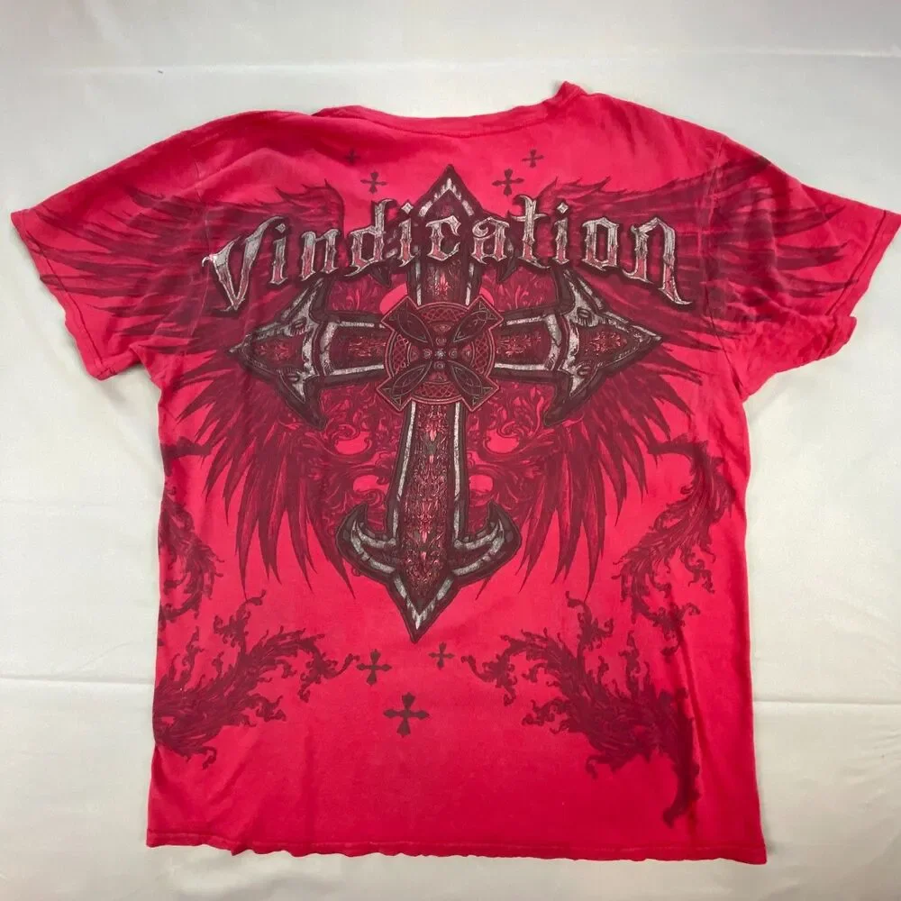 Vindication Mens Graphic T-Shirt Large L Red Gothic Cross Wing Short Sleeve Tee